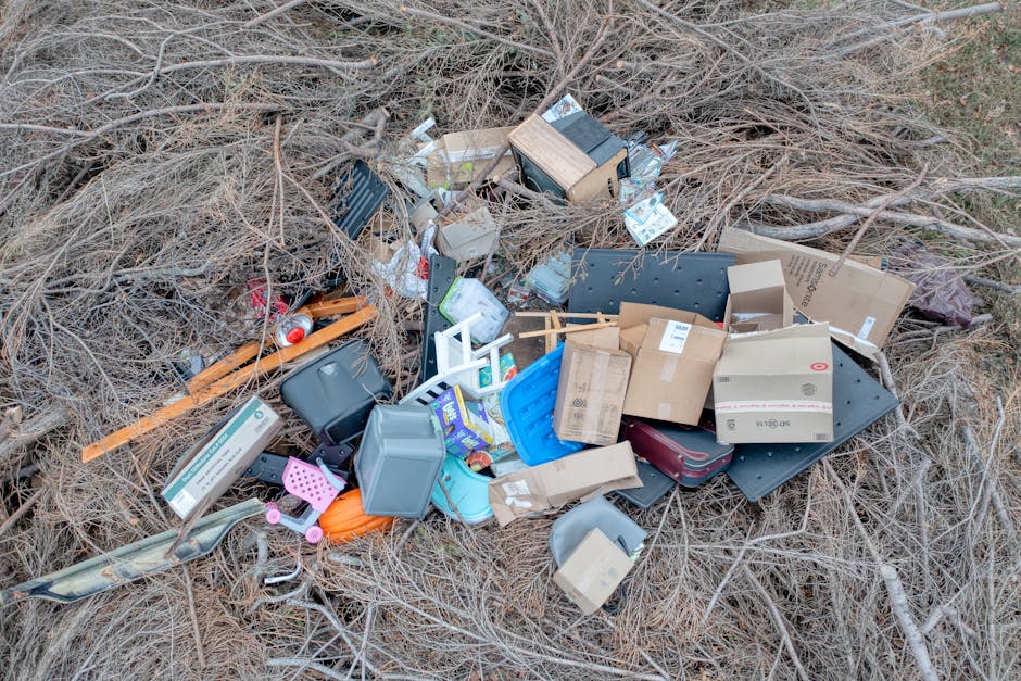 A pile of mixed household rubbish and discarded items lying on a patch of dry, brown grass surrounded by leafless branches. The waste includes cardboard boxes, plastic containers, a small wooden crate, a grey plastic bin, a pink plastic item, a black plastic tray, and a metal tool. Some boxes have printed labels, while others are plain. The items appear haphazardly strewn, with some partially crushed or bent, indicating they have been discarded or abandoned. The debris is located outdoors, on what appears to be a natural, unmaintained area, possibly a verge or an overgrown corner of a yard. The overall scene reflects an informal and unmanaged disposal of waste, which could be addressed through private rubbish clearance services, such as those provided by Rubbish Clearance Hampstead, to remove unwanted clutter safely and efficiently, adhering to environmental standards.